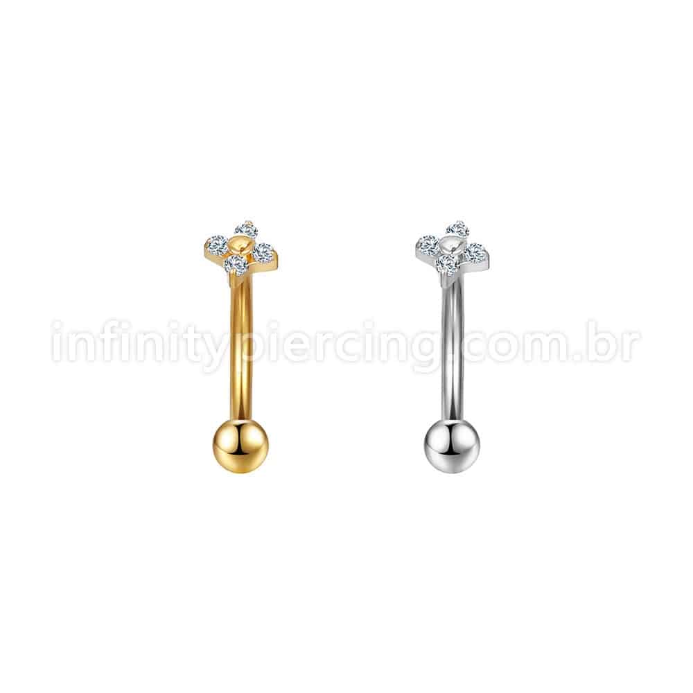 Piercing Minibarbell Curvo Aço Cirúrgico Flor 4 Zircônias